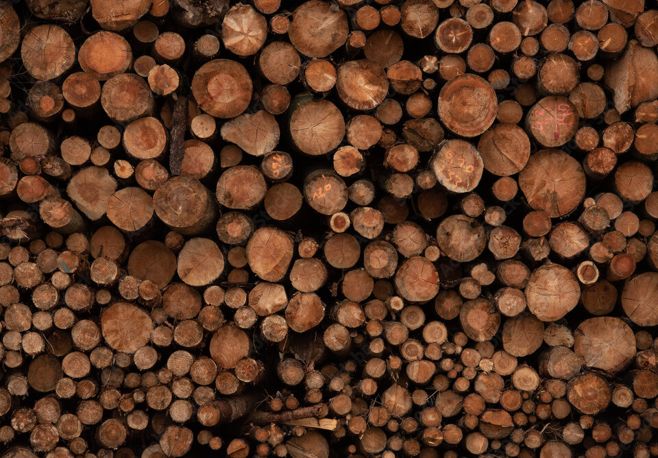 Background of cut wood logs stacked in a pile. wood for the production of chipboard